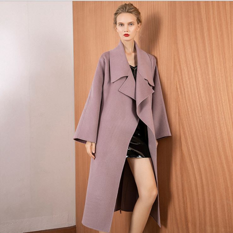 

Woolen Double faced wool Overcoat Female Winter big lapel Jacket Women Long warm Ladies with a Belt Outerwear Loose Medium Coat, Color same picture