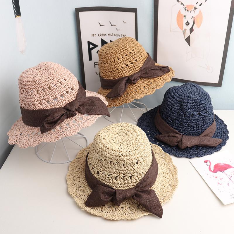 

2020 New Baby boy and girl hats Handmade Children's straw hat big along bow girl summer new baby fisherman sun hat basin caps, Khaki