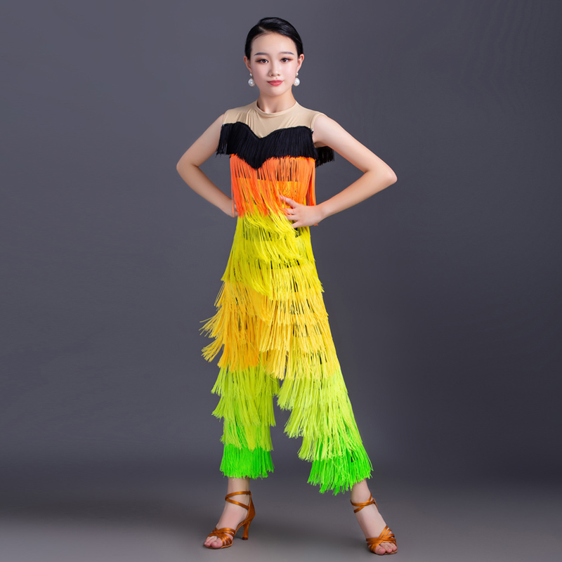 

Latin Dance Dress Girls Sleeveless Colorful Fringed Jumpsuit Salsa Rumba Cha Cha Samba Kids Competition Performance Wear DN6395, As picture