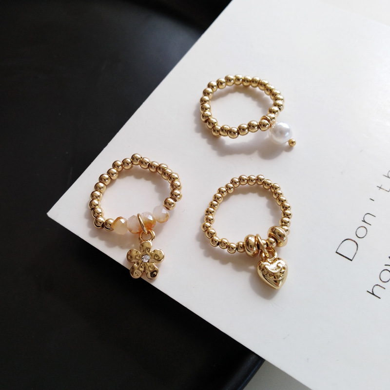 

Fashion Trendy Korean Handmade Small Flowers Love Heart Rice Beaded Ring For Women Girl Jewelry Stretch Weave Style Rings