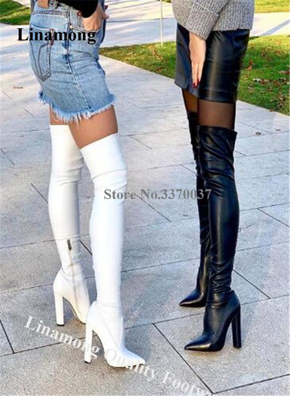 

Linamong Newest Sexy Pointed Toe Over Knee Chunky Heel Boots White Black Banded Slim Long Thick High Heel Boots Dress Shoes, As picture