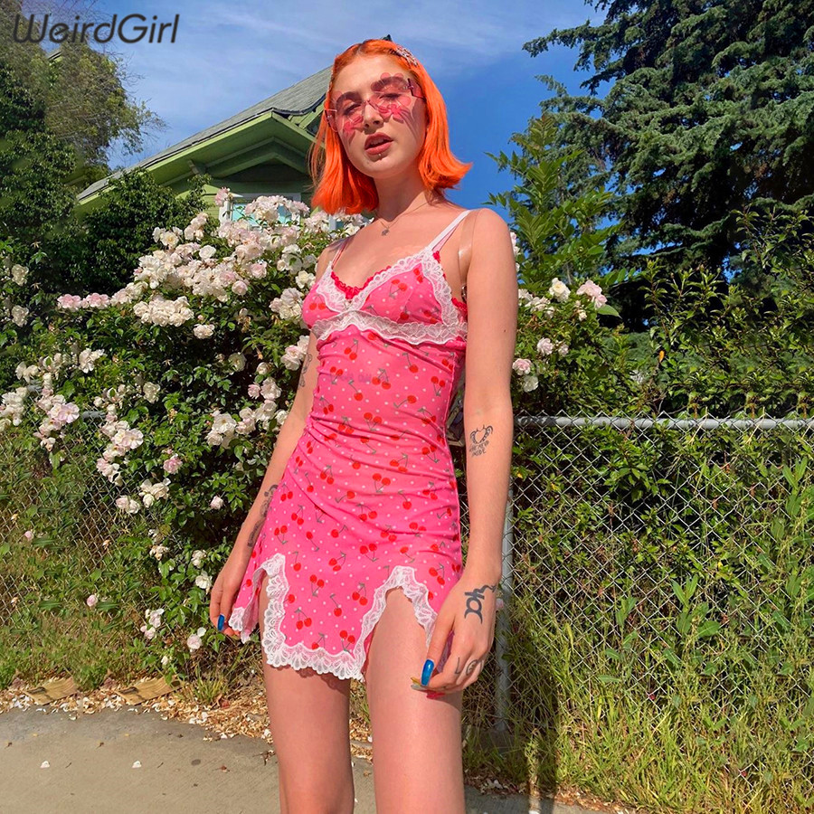 

2020 Women lace up cherry dot print sexy dress slip slit cute girl pink vestidos sleeveless v-neck bodycon femme short mini
