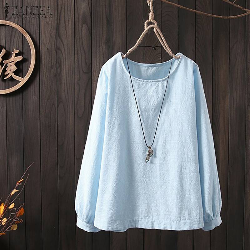 

Stylish ZANZEA Women Long Sleeve Cotton Linen Blouse Spring Solid Tops 2020 Female O Neck Loose Casual Shirt Vintage Blusas 5XL, Blue