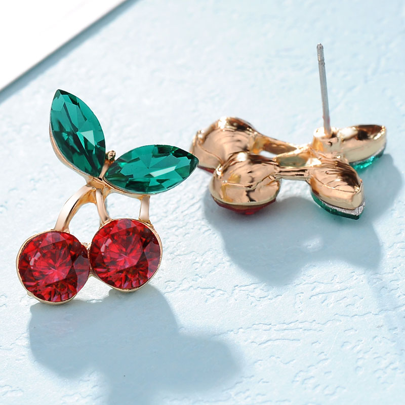 

Fashion cute Sweet honey Green petals Red Peach Crystal big cherry Earrings for Women Wedding casual Charm Stud Earrings