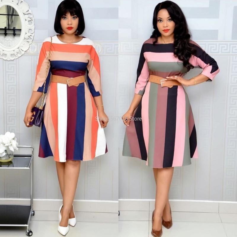 

Rainbow Stripes Fashion Autumn and winter Women Party Midi Dresses Elegant Casual Office Dress Big Swing Clothes 2020, Blue
