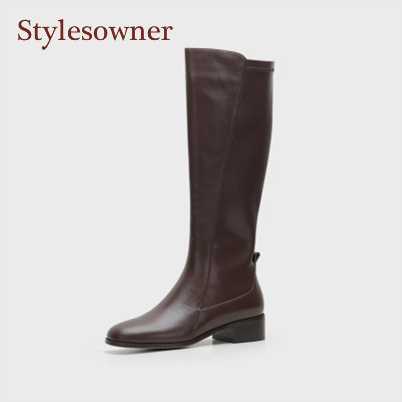 

White Round Toe Knee-Length Mid-Heel Boots Women's Simple 2020 Autumn / Winter New All-Match Slip-On Thick Heel Cozy High Boots, Black