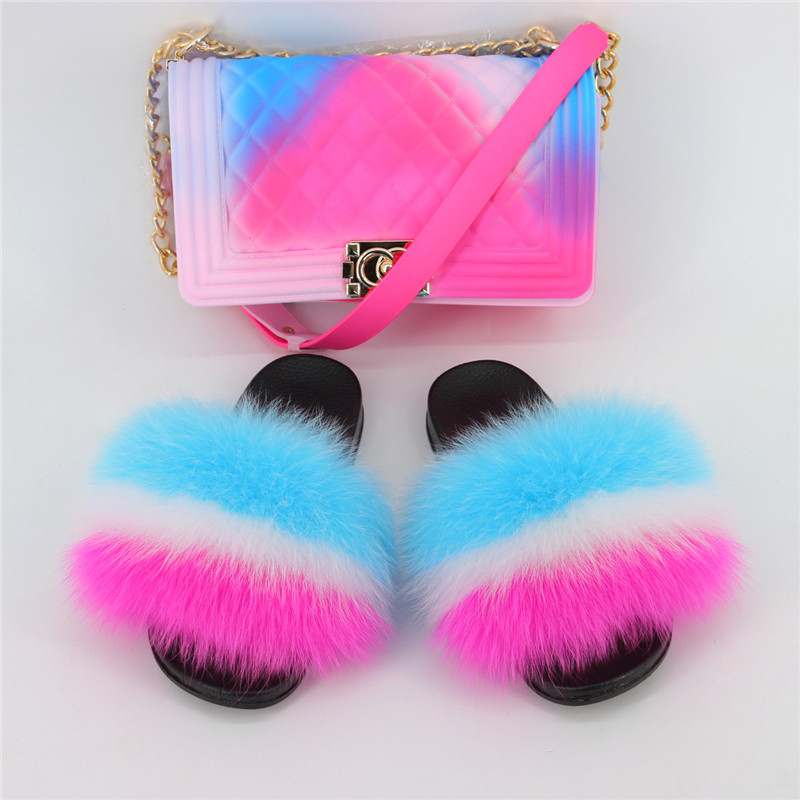 

2020 Children's Version Of Real Fur Slippers And PVC Color Diagonal Bag Furry Little Slippers Plus Jelly Color Small Bag