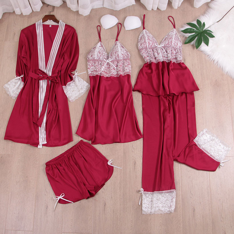 

Sexy Faux Silk Women Bathrobe Gown 5PCS Backless Strap Top Nightdress Loose Robe Homewear Summer Spring Lace Intimate Lingerie, Black