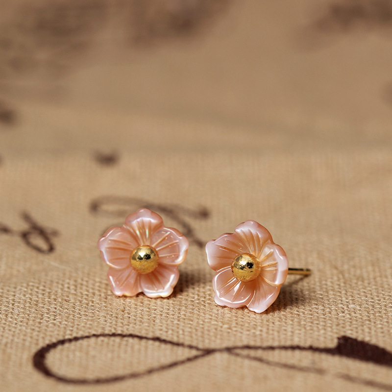

Flyleaf 925 Sterling Silver Shell Carvings Pink Peach Flowers Stud Earrings For Women Elegant Lady Gift Sterling-silver-jewelry
