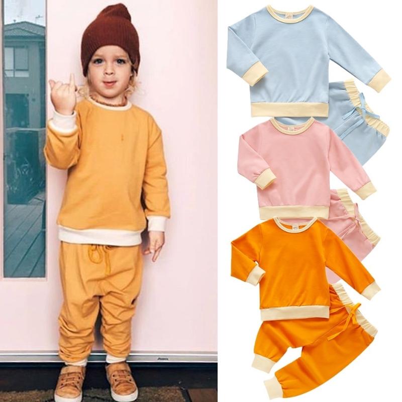 

2Pcs Cotton Kids Baby Boys Girls 2 piece Outfit Set Long Sleeve Solid Casual Long Sleeve Top and Pants Clothes Set for Children, Blue