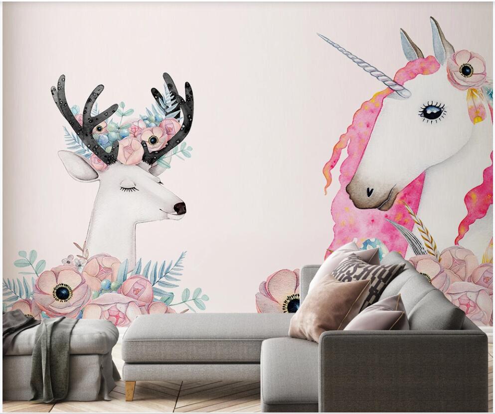 

WDBH 3d wallpaper custom photo Modern minimalist pink unicorn elk background living room home decor 3d wall murals wallpaper for walls 3 d, Non-woven