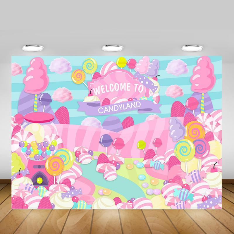 

Candy Theme Birthday Banner Photography Backdrop Welcome to Candyland Sweet Princess Baby Shower Background Children Lollipop