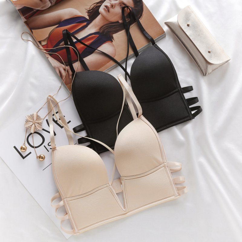 

Sexy Deep U Push Up Bras Wireless Cross Straps Underwear Thin Bras Summer Women Backless Bra, Black