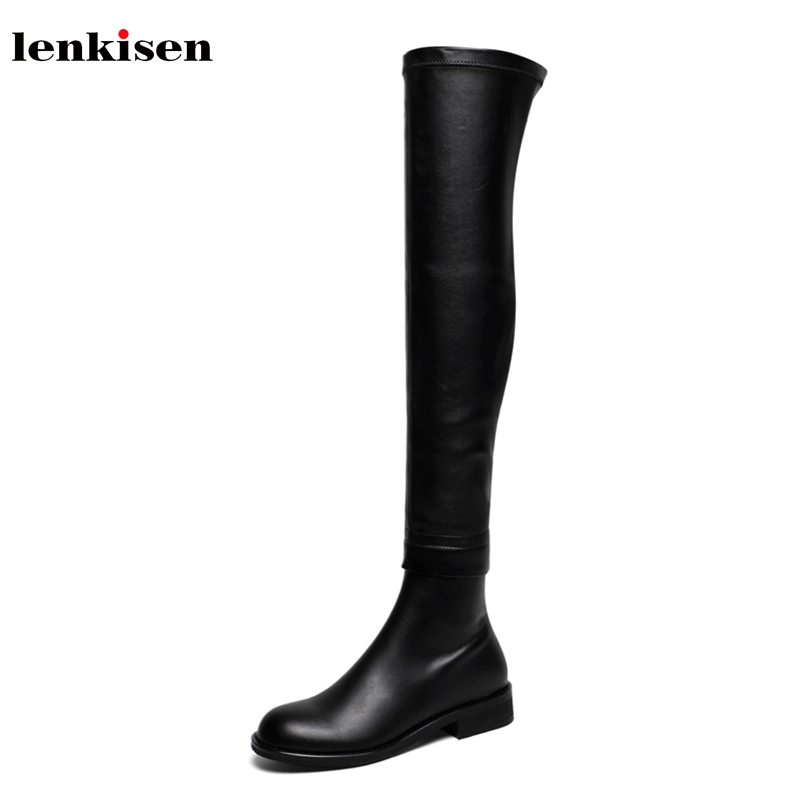 

Lenkisen high street fashion British simple style genuine leather med heels round toe winter warm women over-the-knee boots L13, Black