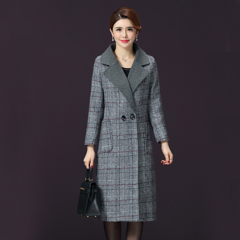 

Free Shipping New Winter Fashion Outerwear Women Turn-down Collar Long Sleeve Coat Lady Two Buttons Plaid Woolen Coat -4XL, Black