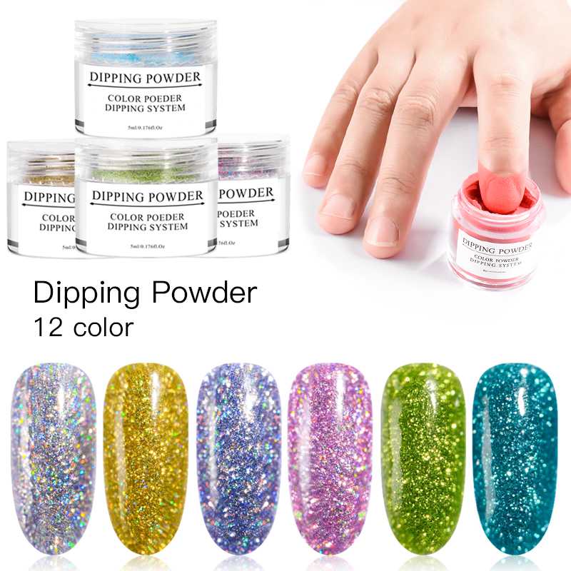 

Holographic Dip Powder Gradient Dipping Powder Nails Glitter Decoration Lasting than UV Gel Natural Dry Without Lamp Cure