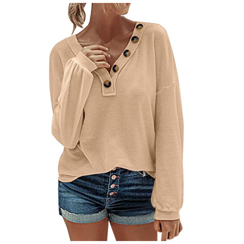 

Waffle Long Sleeve Solid Printing Shirt Casual Blouse Shirt V-neck Button Pullover Autumn Winter Lady Blusas Dropshipping, Black