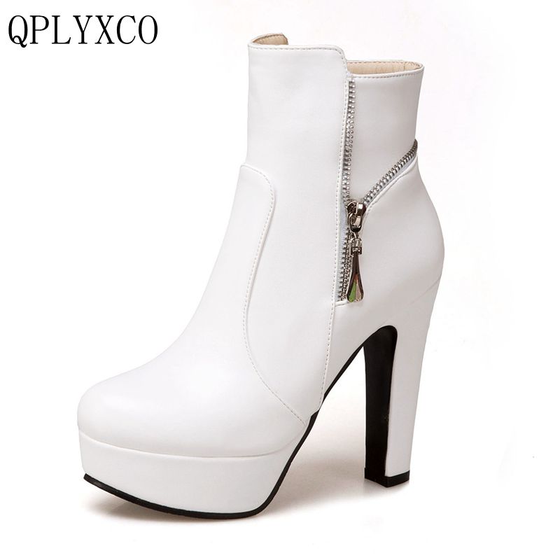 

QPLYXCO 2020 New Big size 34-50 ankle boot short Autumn winter style Sexy Women's Platform high heels wedding Party shoes 3679, Beige
