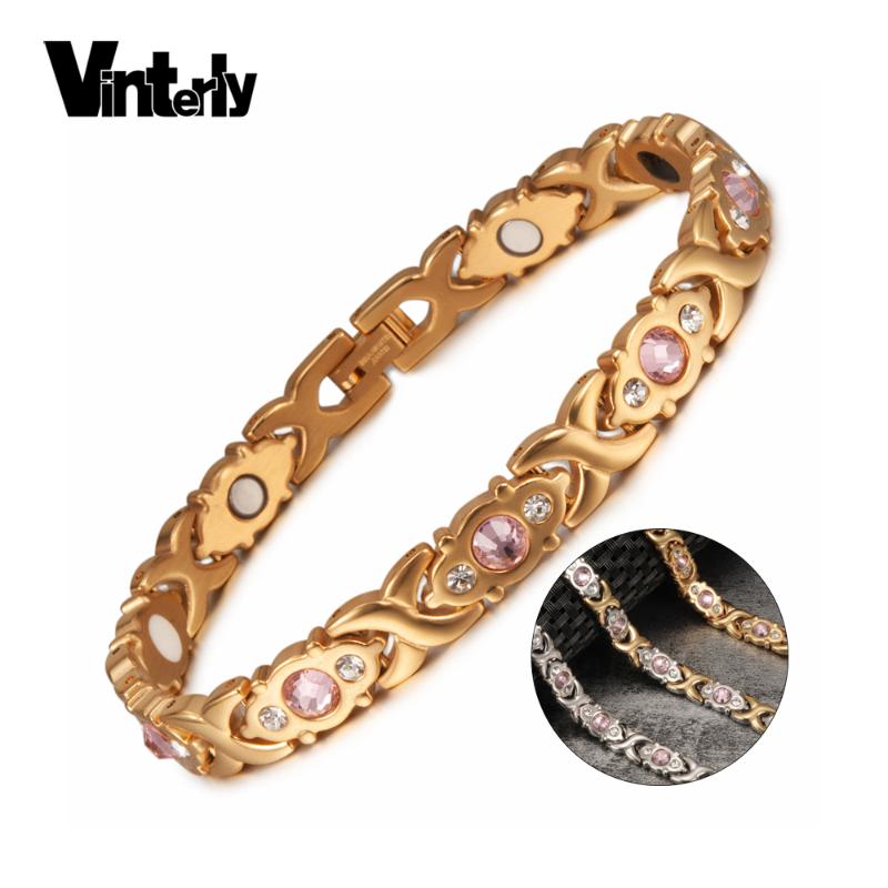 

Vinterly Magnetic Bracelet Women Chain Crystal Gold-color Stainless Steel Bracelet Women Cross Health Energy Bracelets for