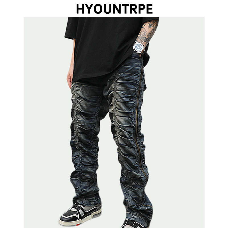 

High Street Side Zipper Distressed Crushed Fold Denim Jeans Men Hip Hop Elastic Waist Straight Pants Fashion Biker Pants Joggers, Blue