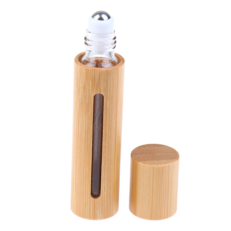 Draagbare 10 ml natuurlijke bamboe navulbare lege essentiële olie parfum geur geur stalen roller bal fles voor thuis reizen