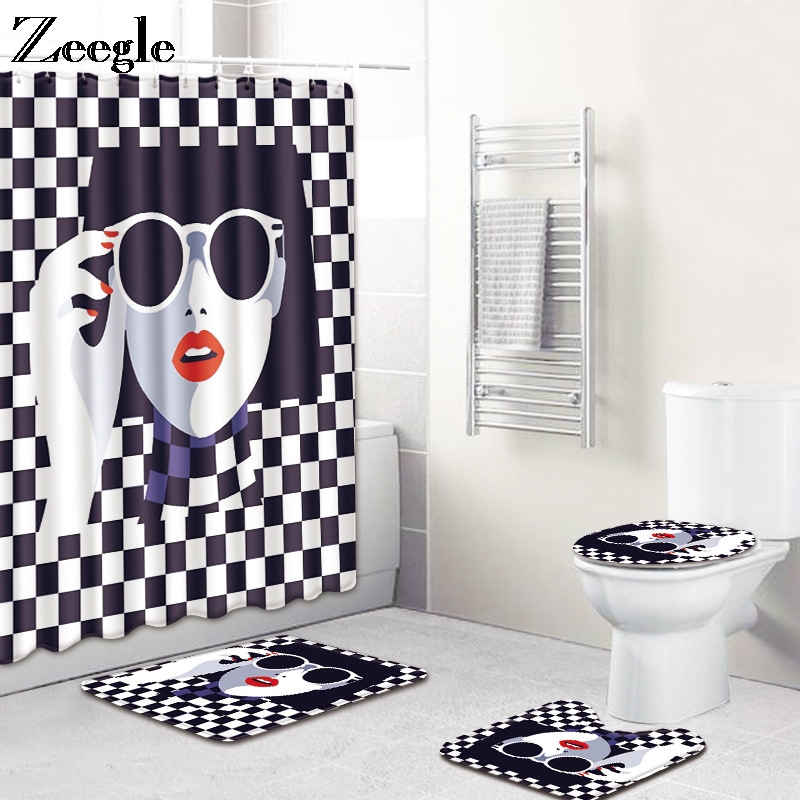 

Zeegle Shower Curtain and Bath Mat Set Anti Slip Toilet Pedestal Rug Absorbent Bathroom Doormat Toilet Seat Cover Mat Set