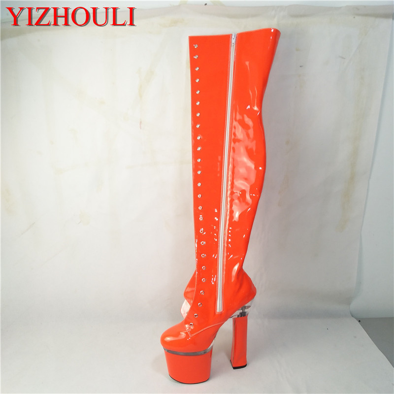 

Sexy new boots, model stage walk show, 18 centimeters heel tall square heel, over-the-knee boots, custom-made each kind of color, Blue