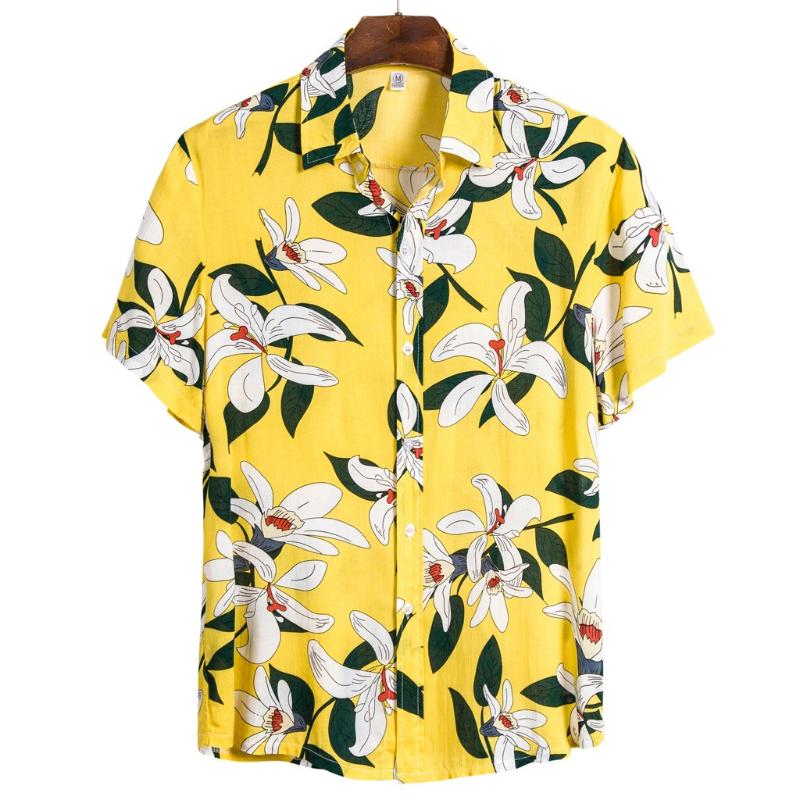 

2020 New Casual Shirts Print Hawaiian Shirt Yellow Short Sleeve Blouse Single Button shirt Men Tops Slim Fit Blusa Masculina