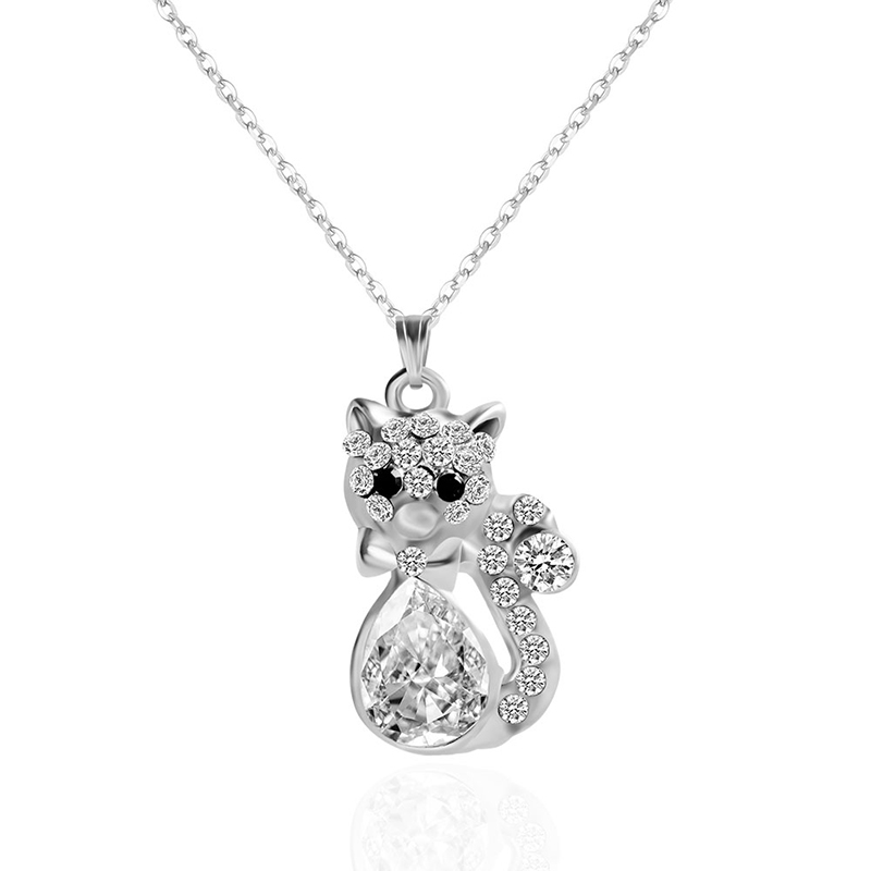 

Fashion Lovely Silver Color Crystal Cat Pendant Necklace Sweater Chain Choker Jewelry for Women FSPXL83