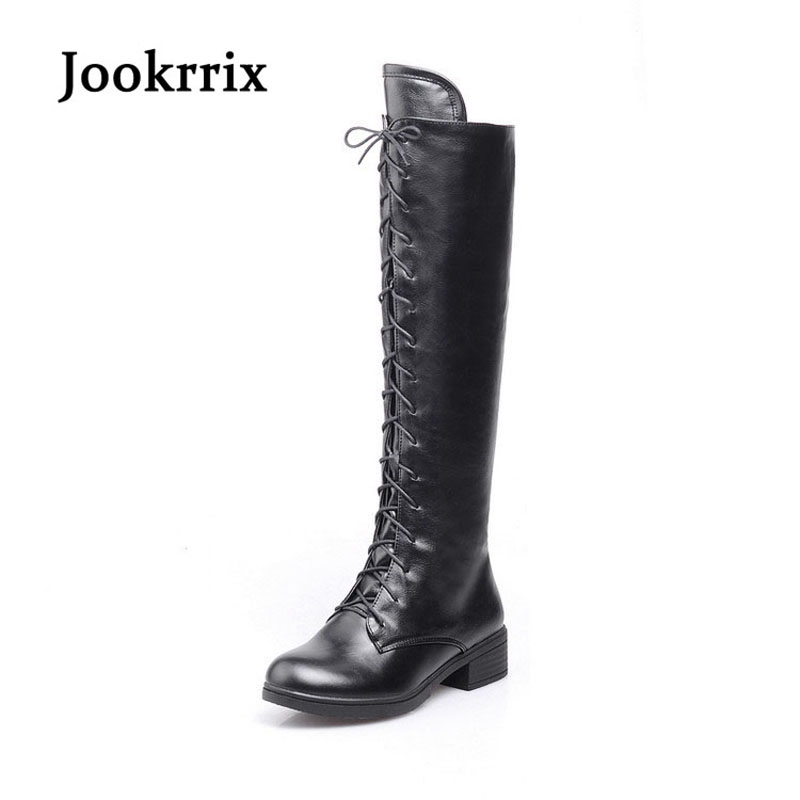 

Jookrrix Fashion Autumn Knee High Lady Boots Beige Shoes Brown Women Cross-tied Boots High Quality Pu Leather Flat Black