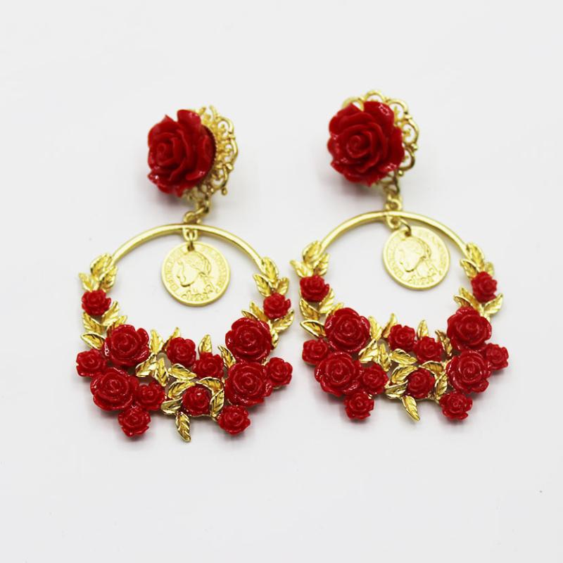 

New Baroque Red Rose Flower Earrings Cocktail Party Wedding Crystal Earrings For Women jewelry 401