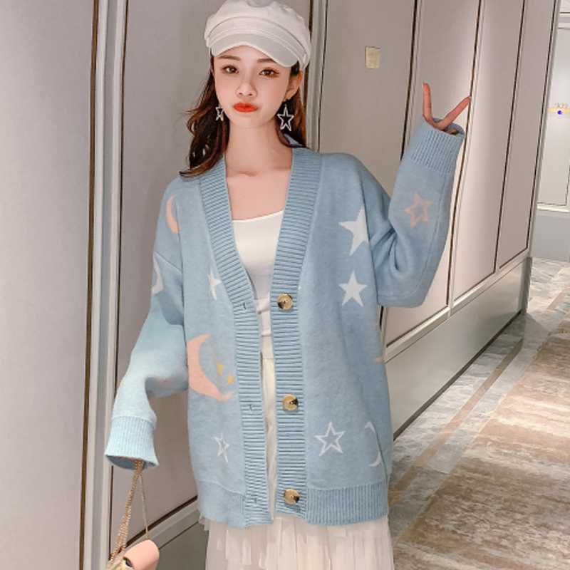 

Women's Cute Sweater Knitted Clothes Korean-Style Loose Long Sleeve New 2020 Knitted Cardigan Womens Sweaters Coat 814J, Blue