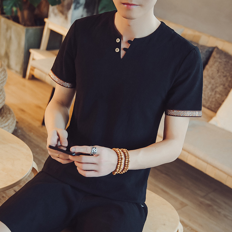 

New Men's Chinese Vintage style Shirt Mandarin Collar Slim Fit Short Sleeves Cotton Linen Casual fashion top Shirt dropshipping, Black