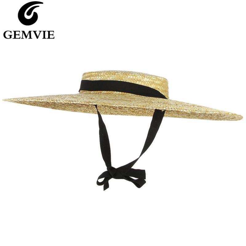 

GEMVIE New Large Brim Straw Hat Summer Hats For Women Ribbon Beach Cap Boater Flat Top Sun Hat, Black