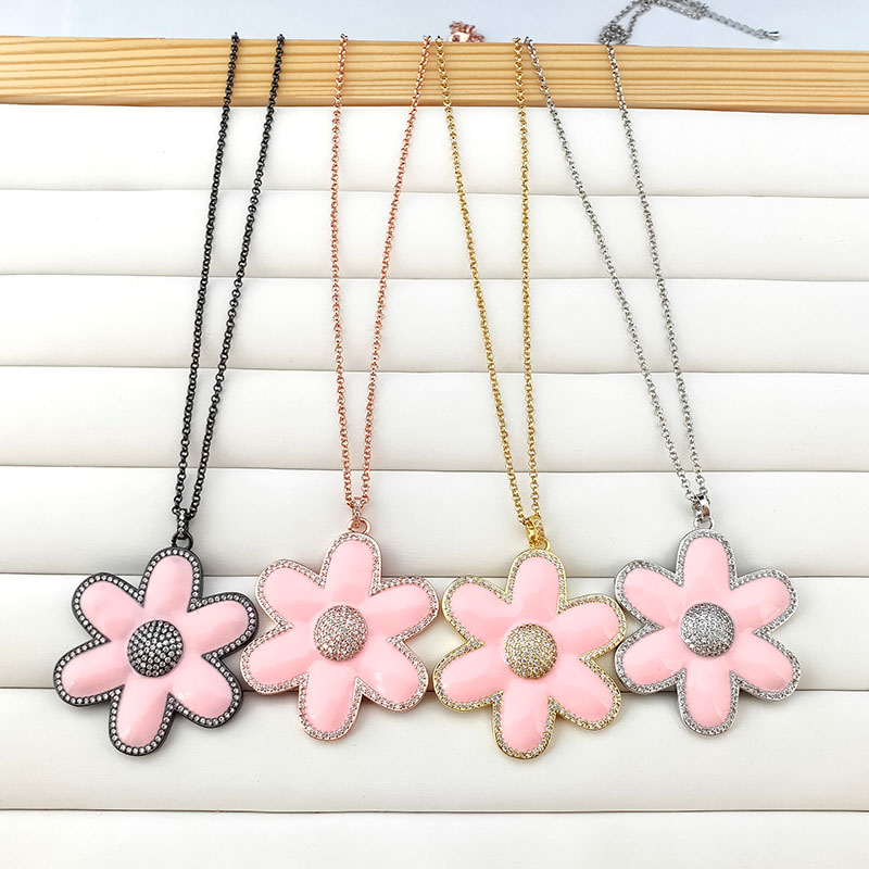 

4Pcs New Design Filled pink Enamel CZ Micro Pave Jewelry Women Fashion Girls flower Pendant Necklaces 500