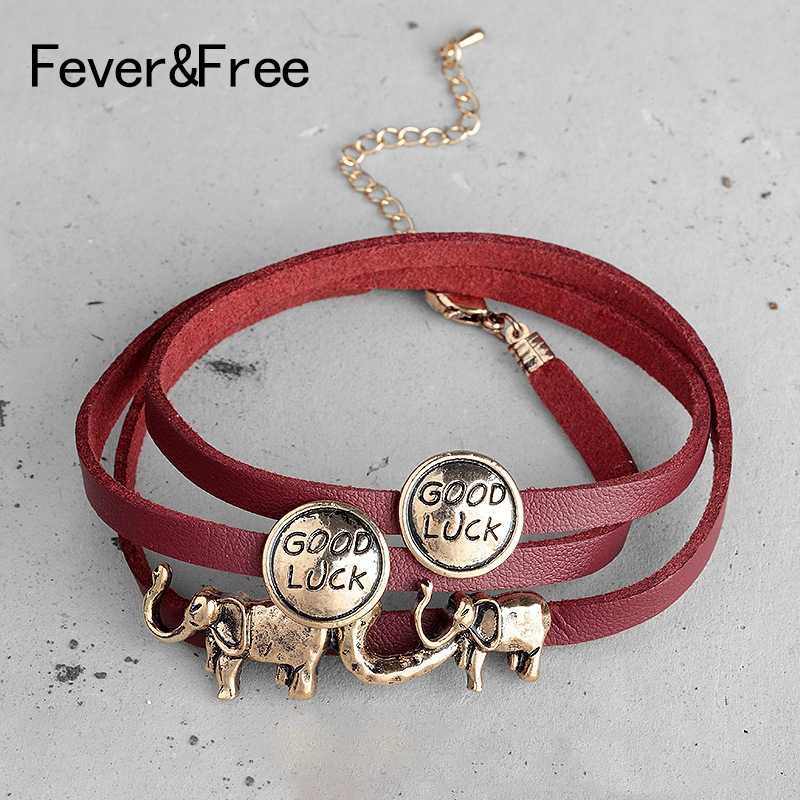

Fever&Free 3 Layers Unisex Good Luck Wine Red Leather Bracelets Elephant Pendants Wrap Cuff Wristband Men Bracelets&Bangles Gift