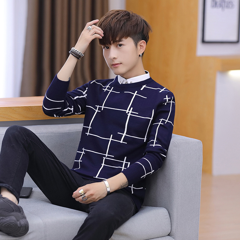 

2019Men's jacket autumn and winter knitted sweater false two Korean version of self-cultivation trend sweater winter clothes, Beige