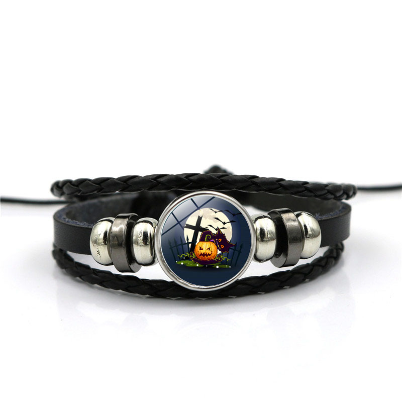 

Women Men Charm Halloween Series Bracelet Fashion Black Leather Bracelet Handmade Glass Dome Pumpkin Pattern Bangle Jewelry
