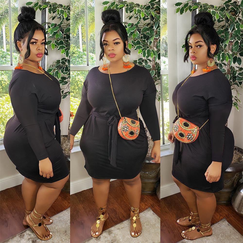 

Plus Size Women Dresses 3XL 4XL 5XL Solid Long Sleeve Bandage One Piece Dresses Casual Daily Dress Above Knees