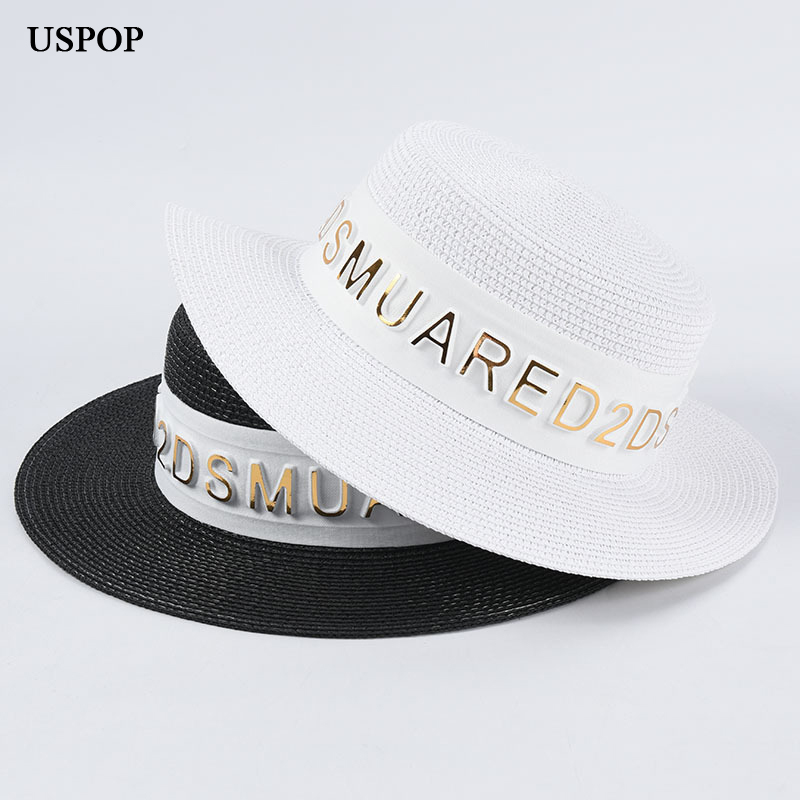 

USPOP summer sun hat letter flat top sun hat women letter straw hats beach hats protection shade, White