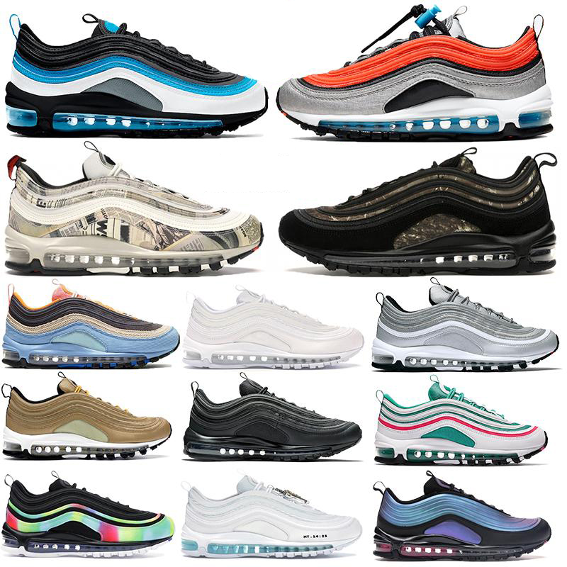 

Cushion 97OG AQUA BLUE jesus newspaper Men Women running shoes silver bullet Sneakers game royal Reflective Gold neon Sports Sneaker, 3 jesus