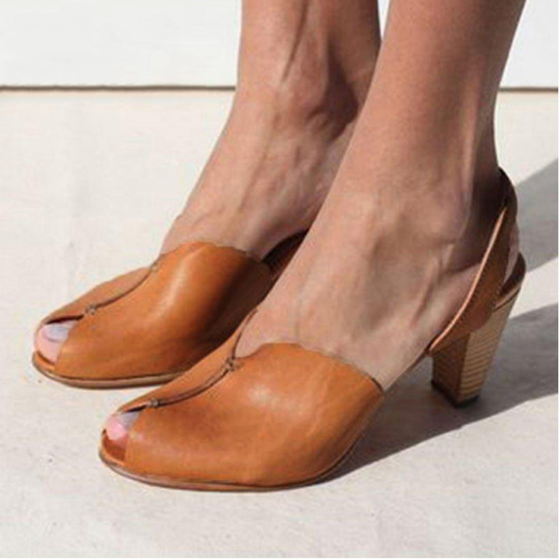 

Women Vintage 2020 Summer Sandals Toe Women's Casual Slingbacks Woman High Heels Ladies Open Female Beach Shoes Plus Size, Dark brown