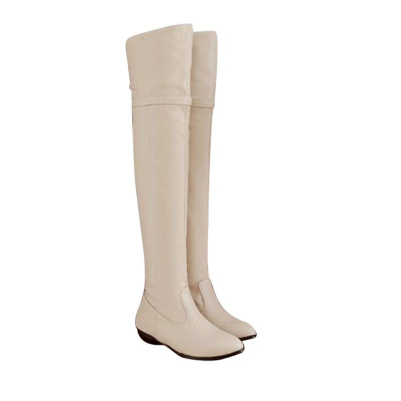 

Women's Boots Long Boots Knight Round Head High Belt Buckle Flat Autumn Winter Keep Warm collocation, Beige