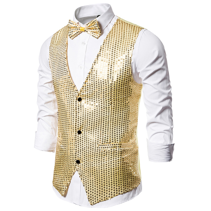 

Shiny Gold Sequin Glitter Men Vest with Bowtie Slim Fit Nightclub Prom Vest Waistcoat Men Stage Singer Vests Gilet Homme Costume, Black