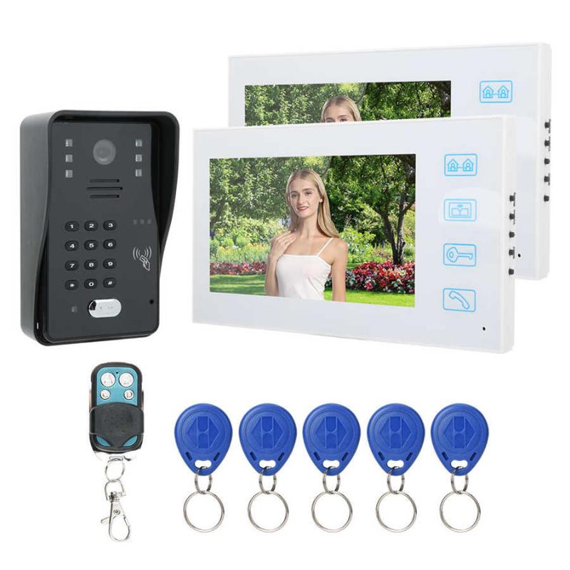 

7inch TFT LCD Door Bell Waterproof Intercom Remote Control Password Card Door Phone 2 White Monitors 100 240v Doorbell