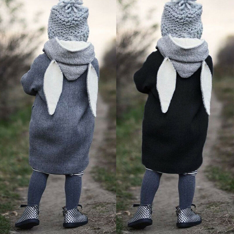 

PUDCOCO Kids Girls Ear Hooded Coat Long Jacket Outwear Windbreaker Outfits Bavy Winter Warm Cartoon Coats, Black
