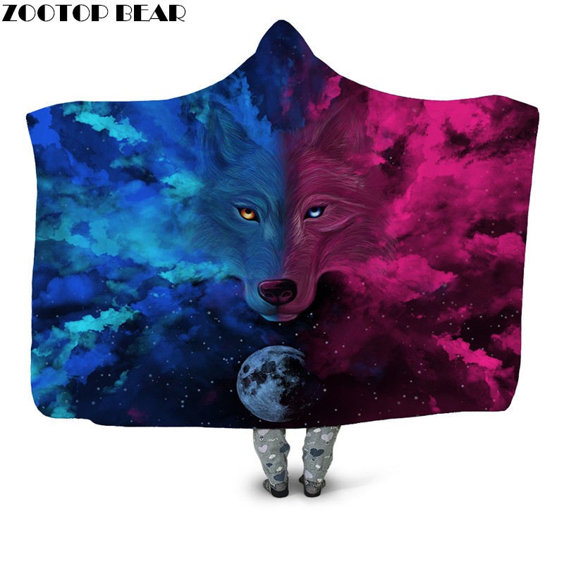 

Wolf Animal 3D Print Sherpa Blanket Fashion Hooded Blanket Popular Plush Wearable Bedspread Office Airplane Bedding