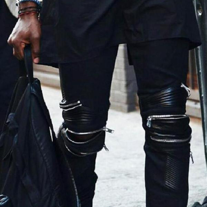 

Stage Street Dance Spell Leather PU Zipper Decorative Jeans Men Large Size Pants Feet Pants Nightclub Hip Hop Slim Clothes, Black