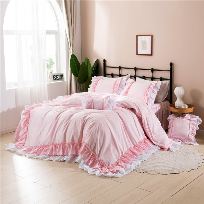 

Luxury 100% Cotton Bedding Set Pink Princess Bedding For Queen Bed Linen Ruffle Lace Duvet Cover Skirt Bed Sheet Quilt Cover Set, 2pcs pillowcase