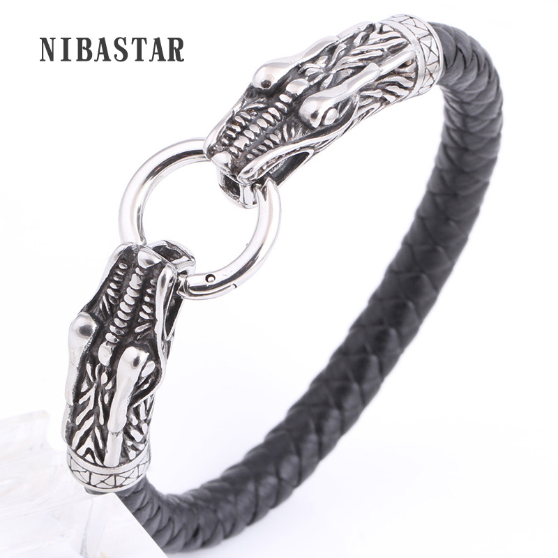 

Punk Style Unique Vintage Design Genuine Braided Leather Bracelet Two Dragons Playing With a Ball Clasp Bracelet For Rock Man